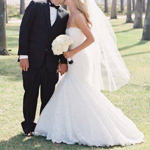 Romona Keveza Crystal Lace Strapless Ivory Wedding Dress with Train